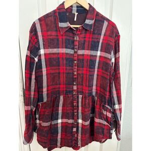 Free People Red Navy Plaid Diamond Weave Peplum Button Down Shirt Tunic Womens M